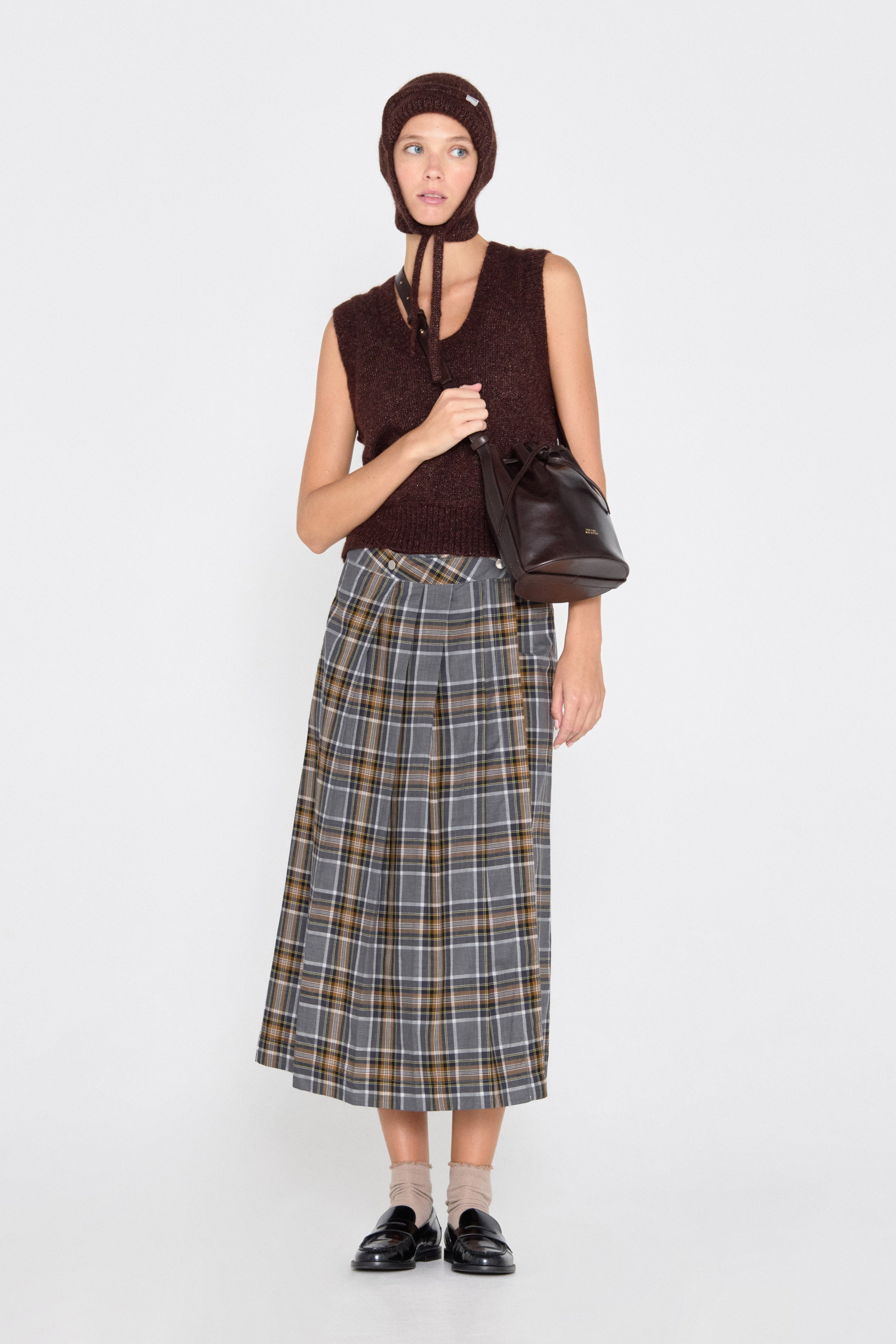 Big check wrap skirt grey melange