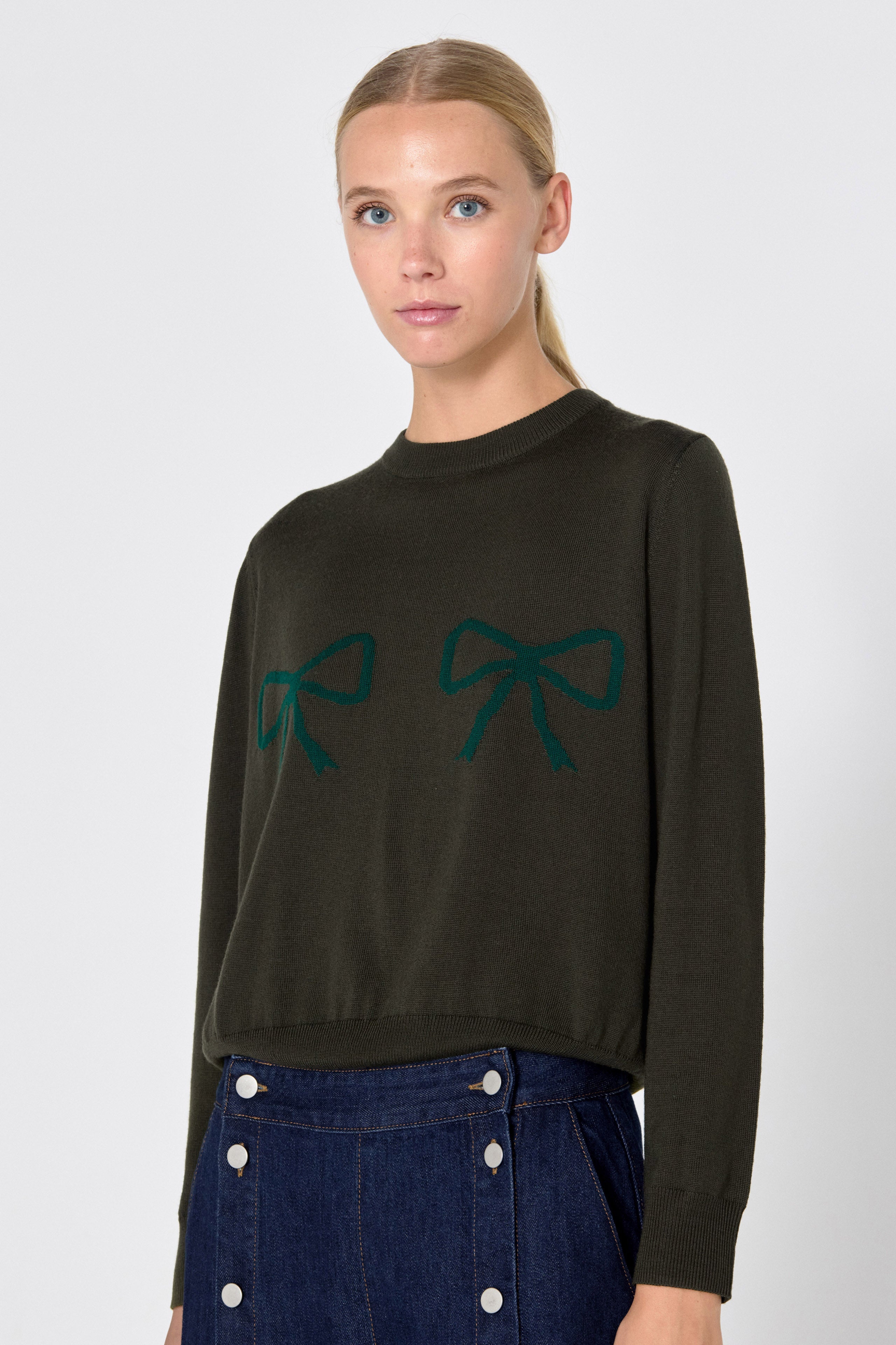 Sara contrast bows sweater khaki