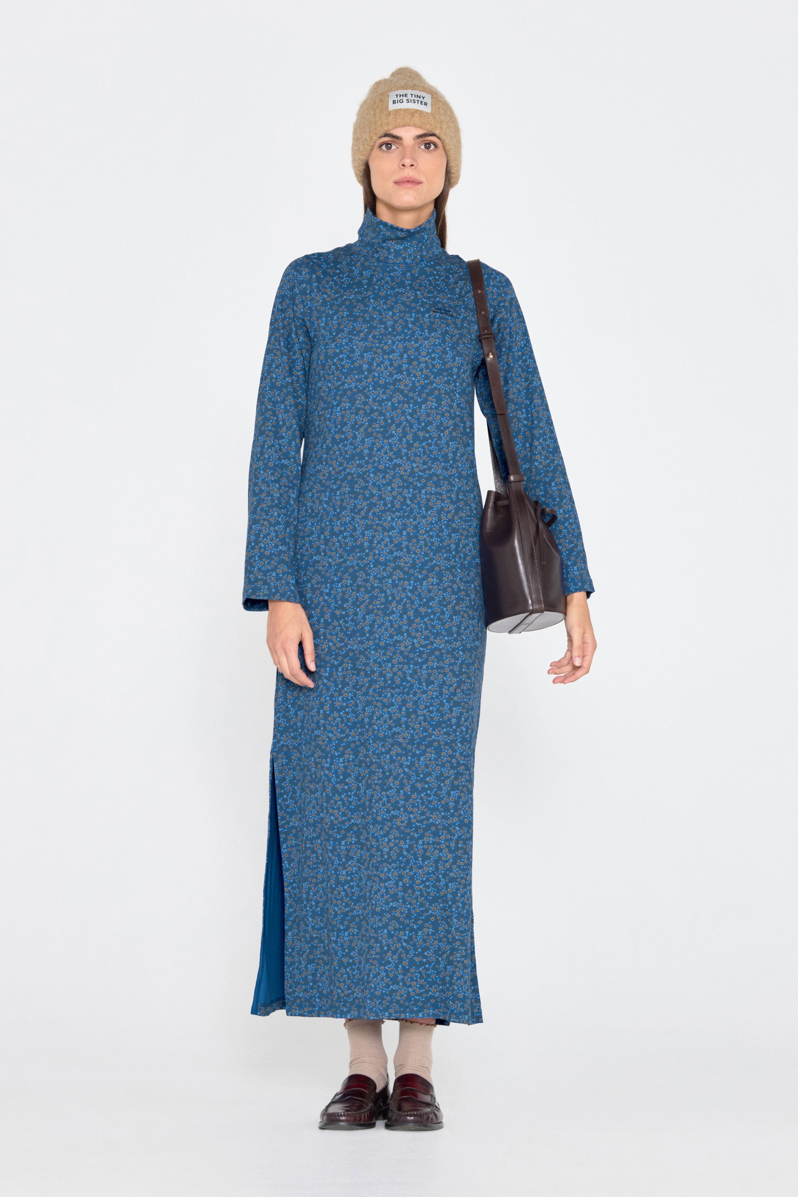 Flowers turtleneck dress dark blue