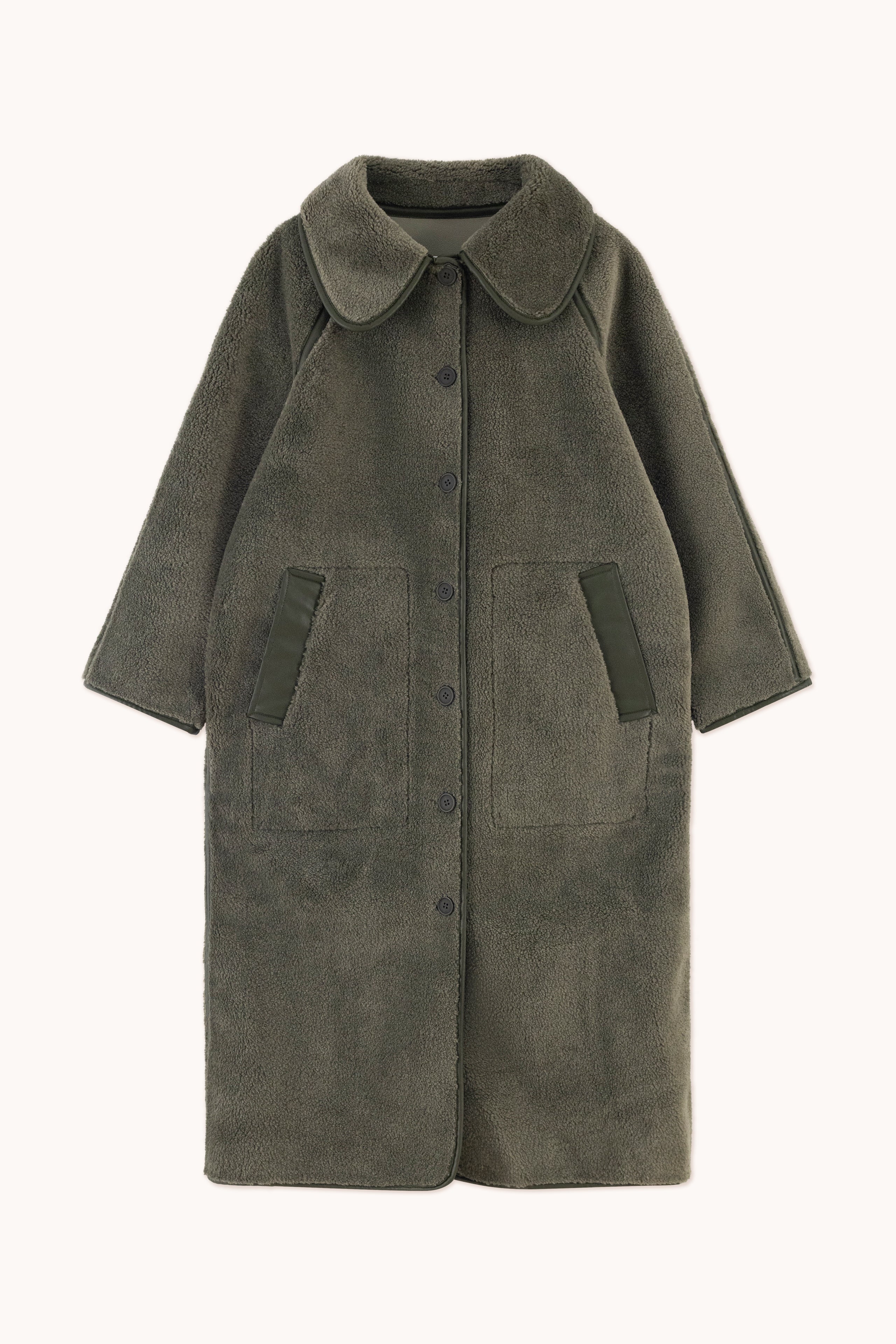 Reversible faux fur long coat khaki