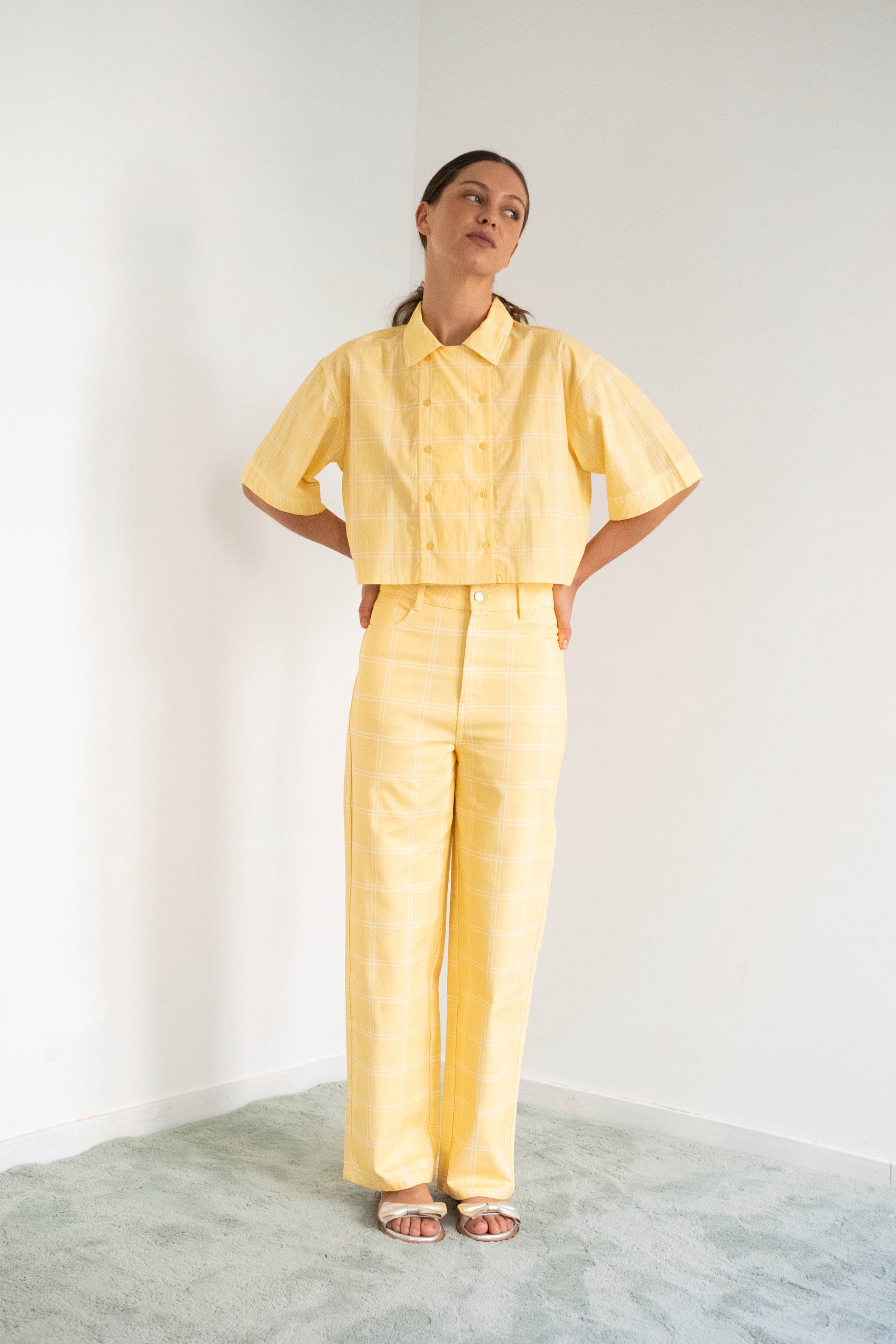CHECK BUTTONED SHORT SLEEVES BLOUSE mellow yellow