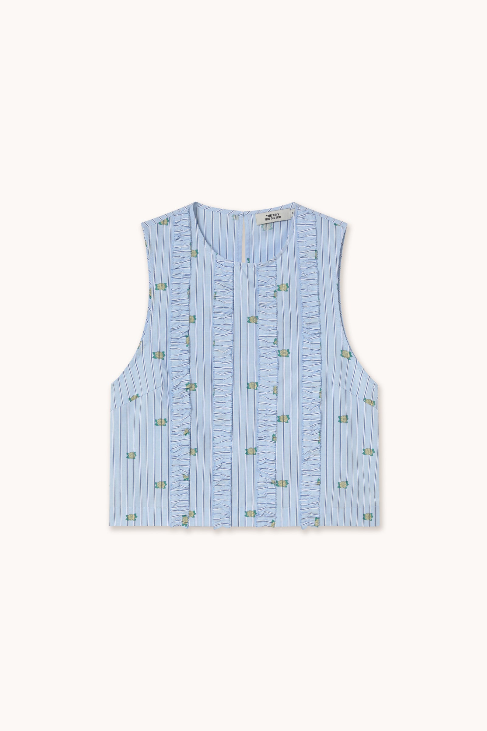 MINI FLOWERS STRIPED FRILLS TOP washed blue