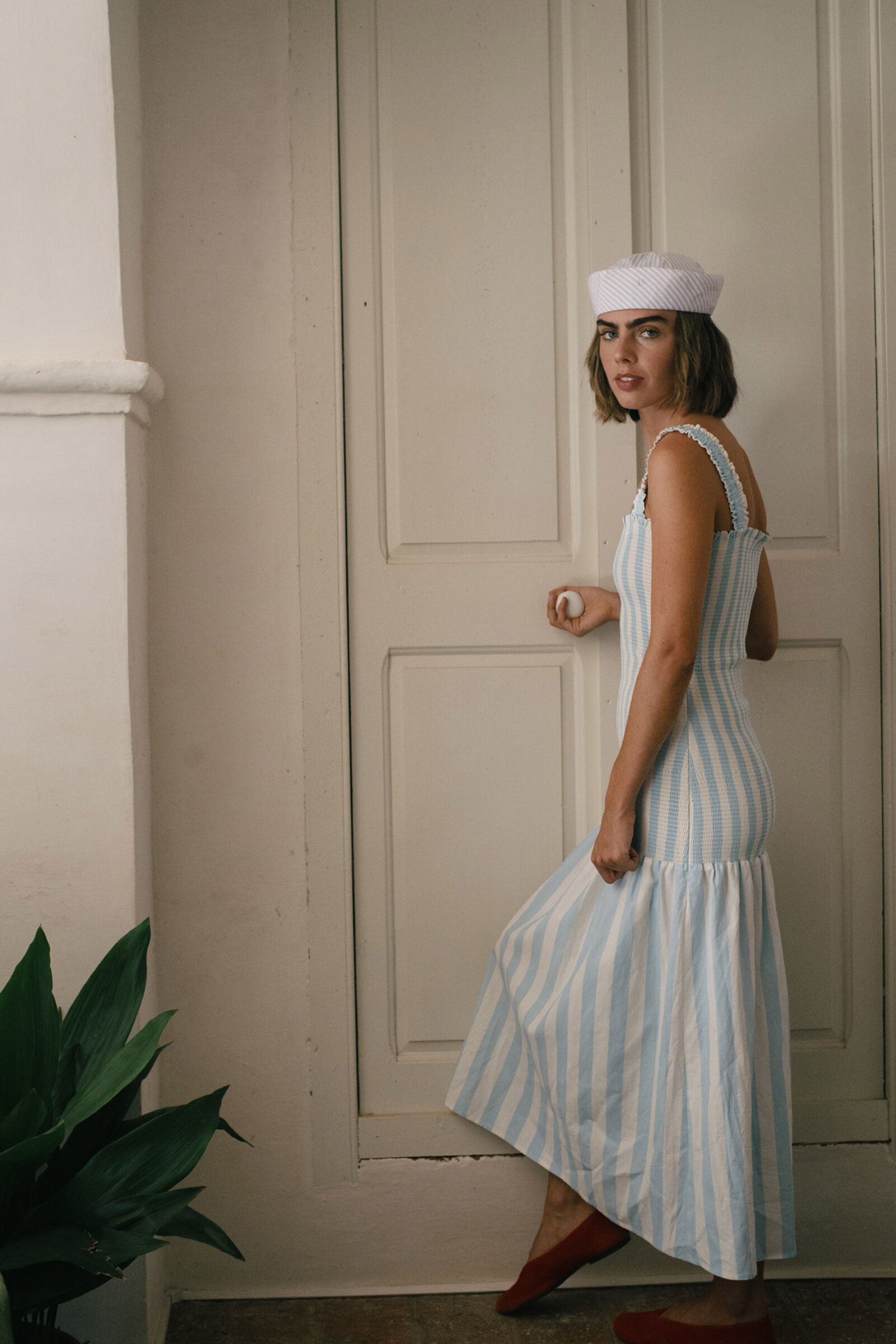 WIDE STRIPES ELASTICATED DRESS pretty blue